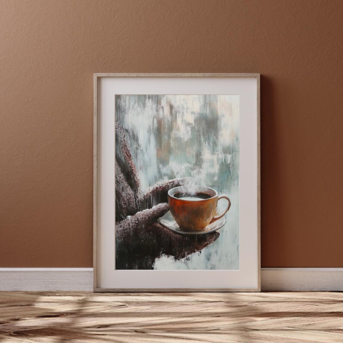Steaming Tea Cup Held In Knitted Gloves Frosty Window View Winter Poster - Image 6