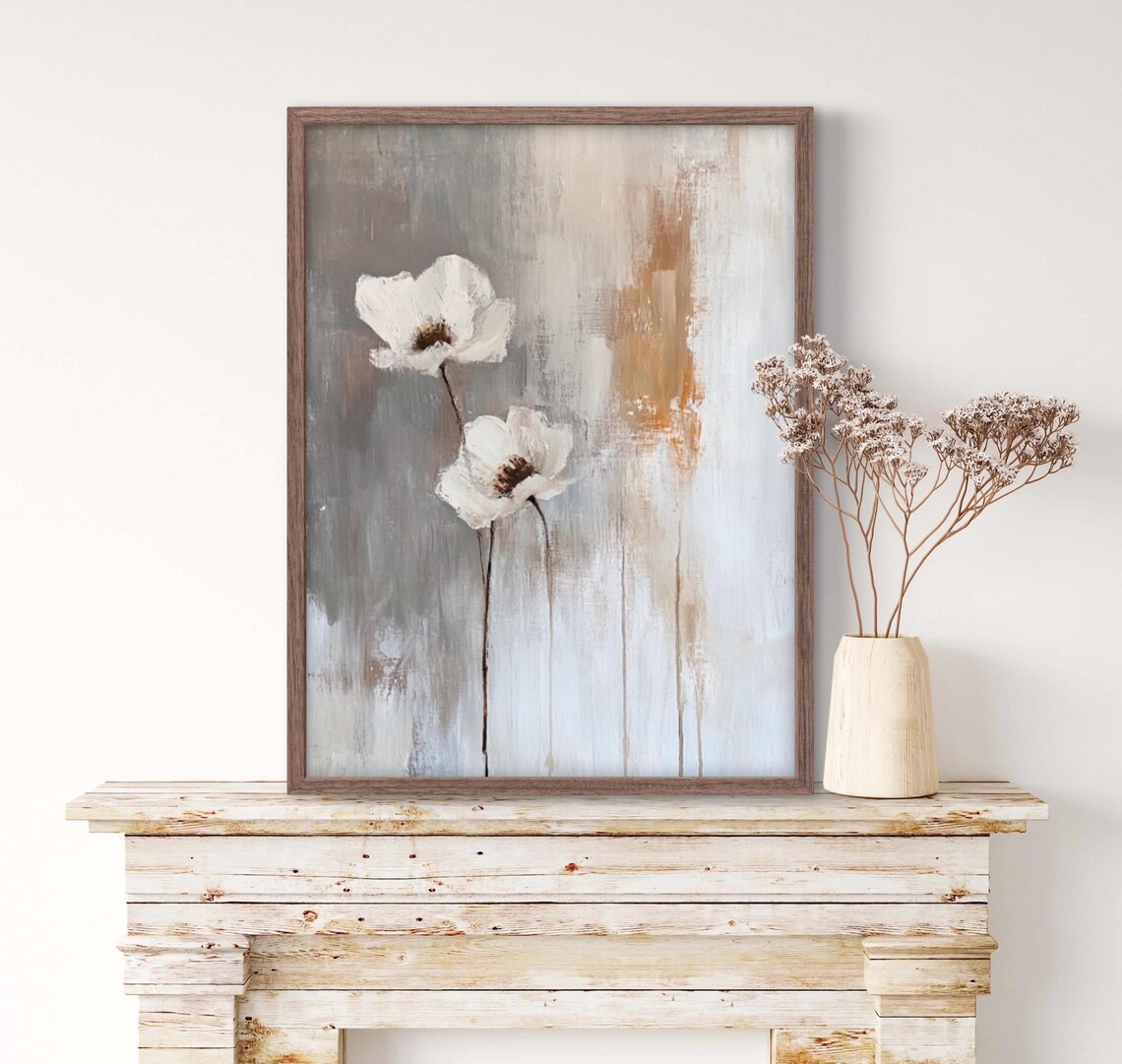 Minimalist White Flowers on Gray Abstract Wabi Sabi Botanical Wall Art Print - Image 2