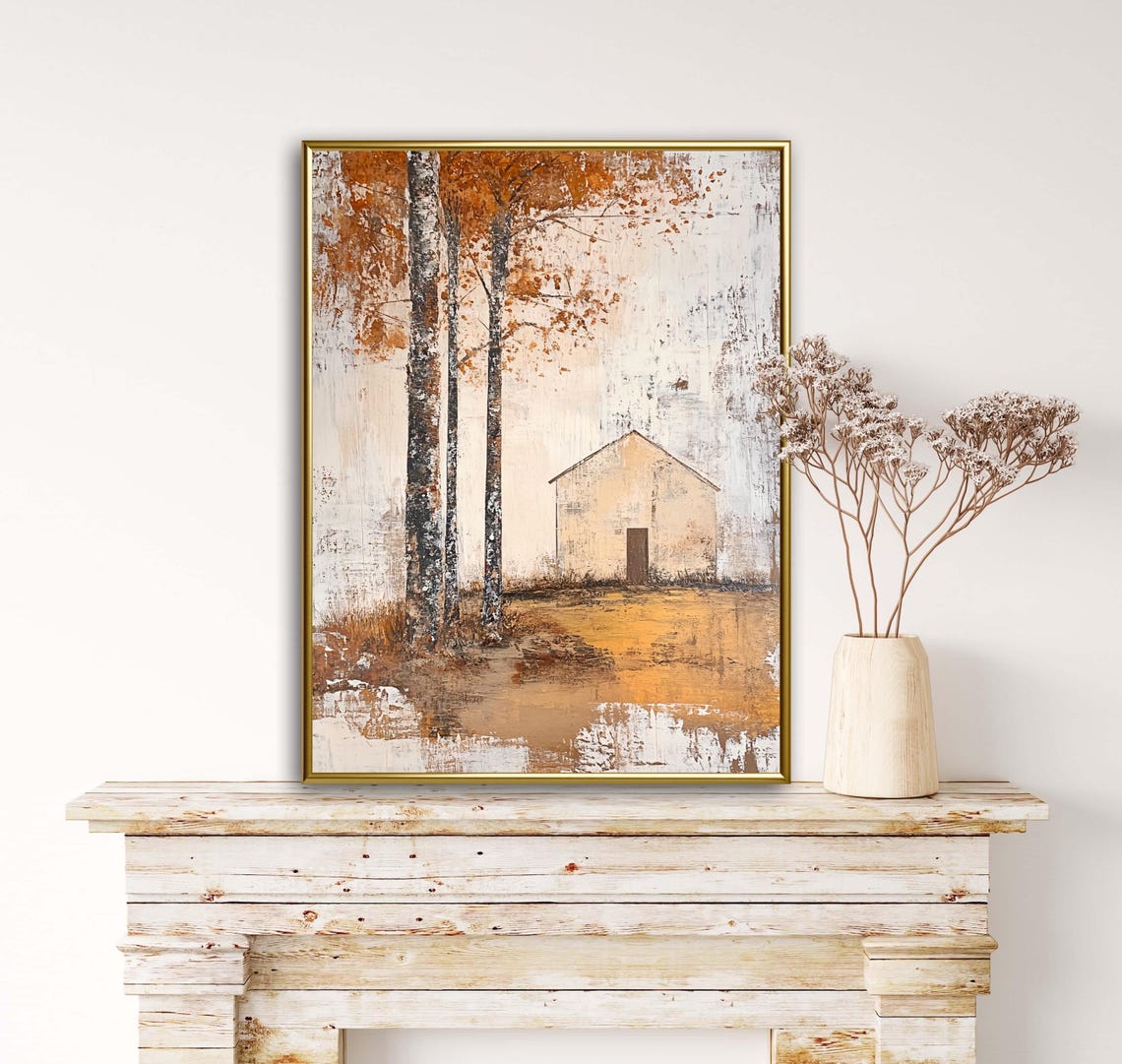 Textured Rustic Autumn Barn With Birch Trees Oil Painting Art Print - Image 4