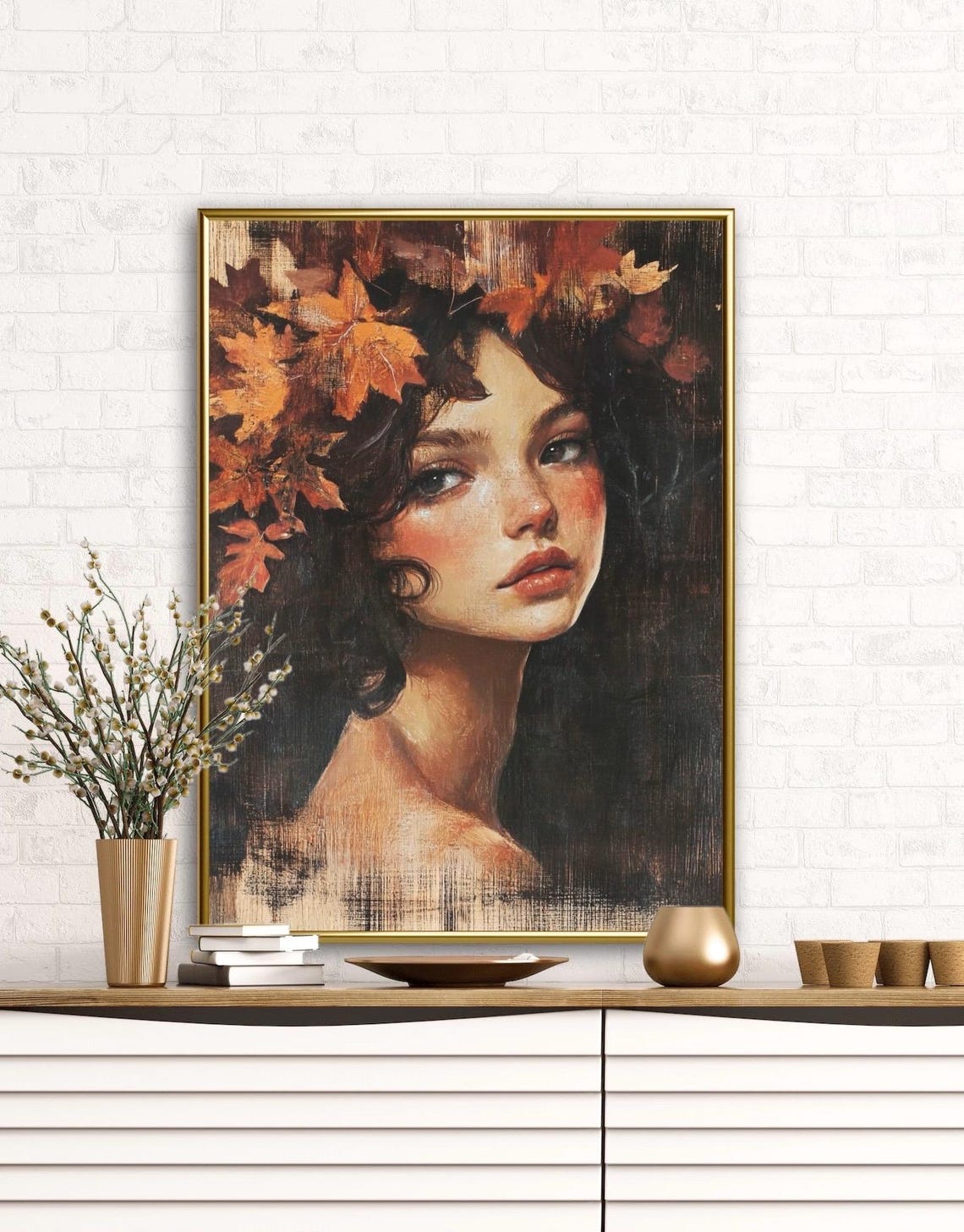 Young Girl Portrait Painting Fall Wall Art Print Vintage Rustic Antique Farm Girl With Leaves Cozy Farmhouse Decor Classic Oil Painting - Image 2