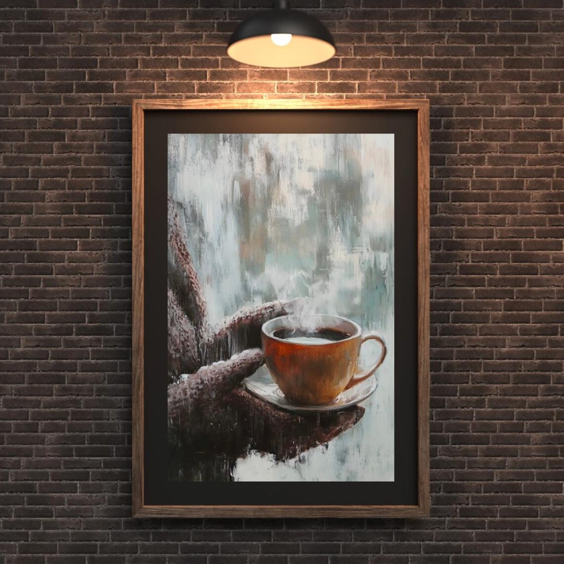 Steaming Tea Cup Held In Knitted Gloves Frosty Window View Winter Poster - Image 3
