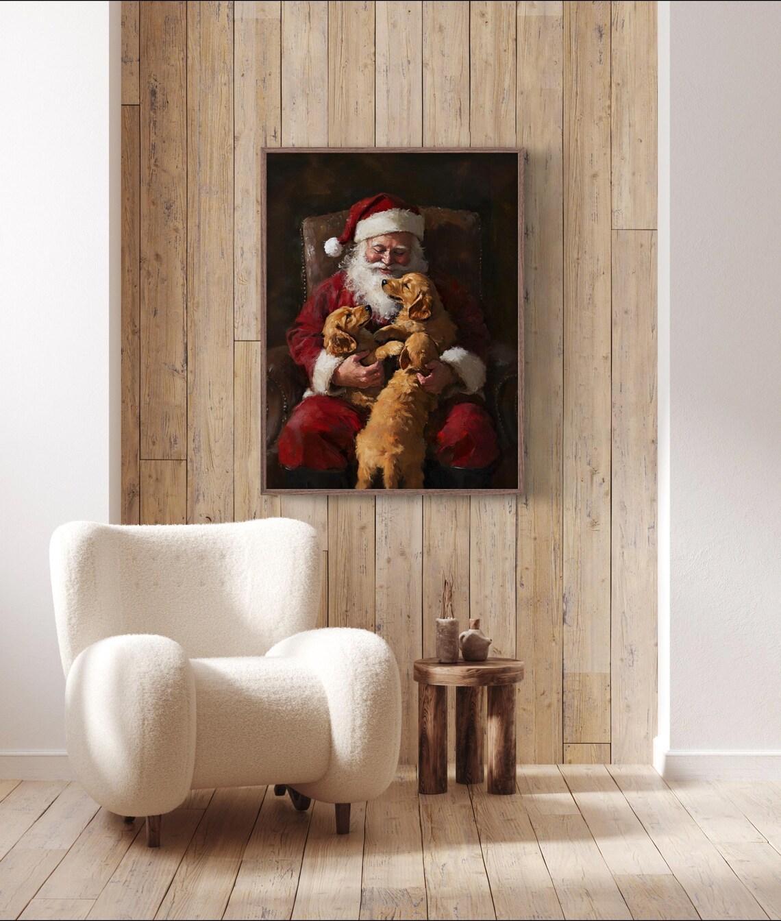 Santa And Golden Retriever Puppies Wall Art Moody Dark Christmas Of Cute Puppies Vintage Rustic Christmas Winter Home Decor - Image 2