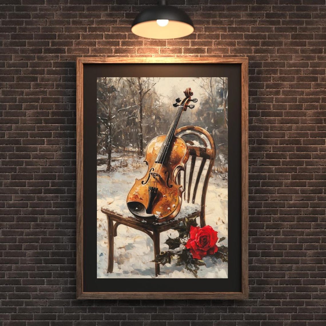 Violin on Snowy Forest Chair Red Rose Winter Music Art Poster - Image 3
