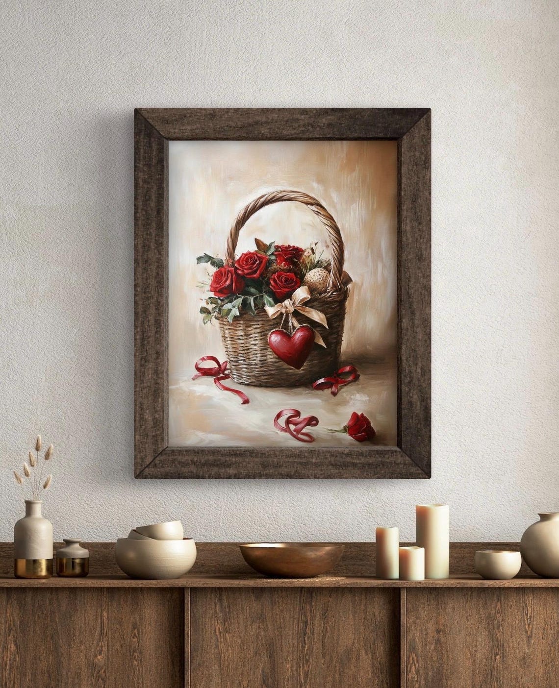 Red Roses Wicker Basket Red Heart Valentines Bouquet Art Poster - Image 5