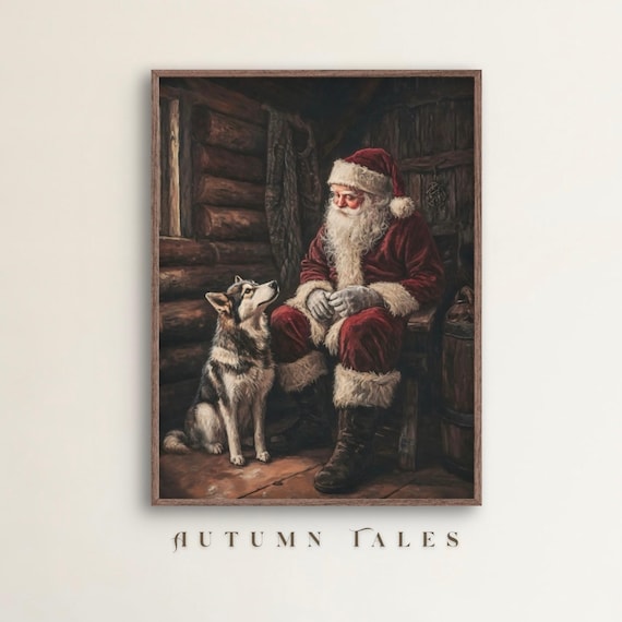 Santa and Husky Dog Cozy Cabin Vintage Christmas Art Print