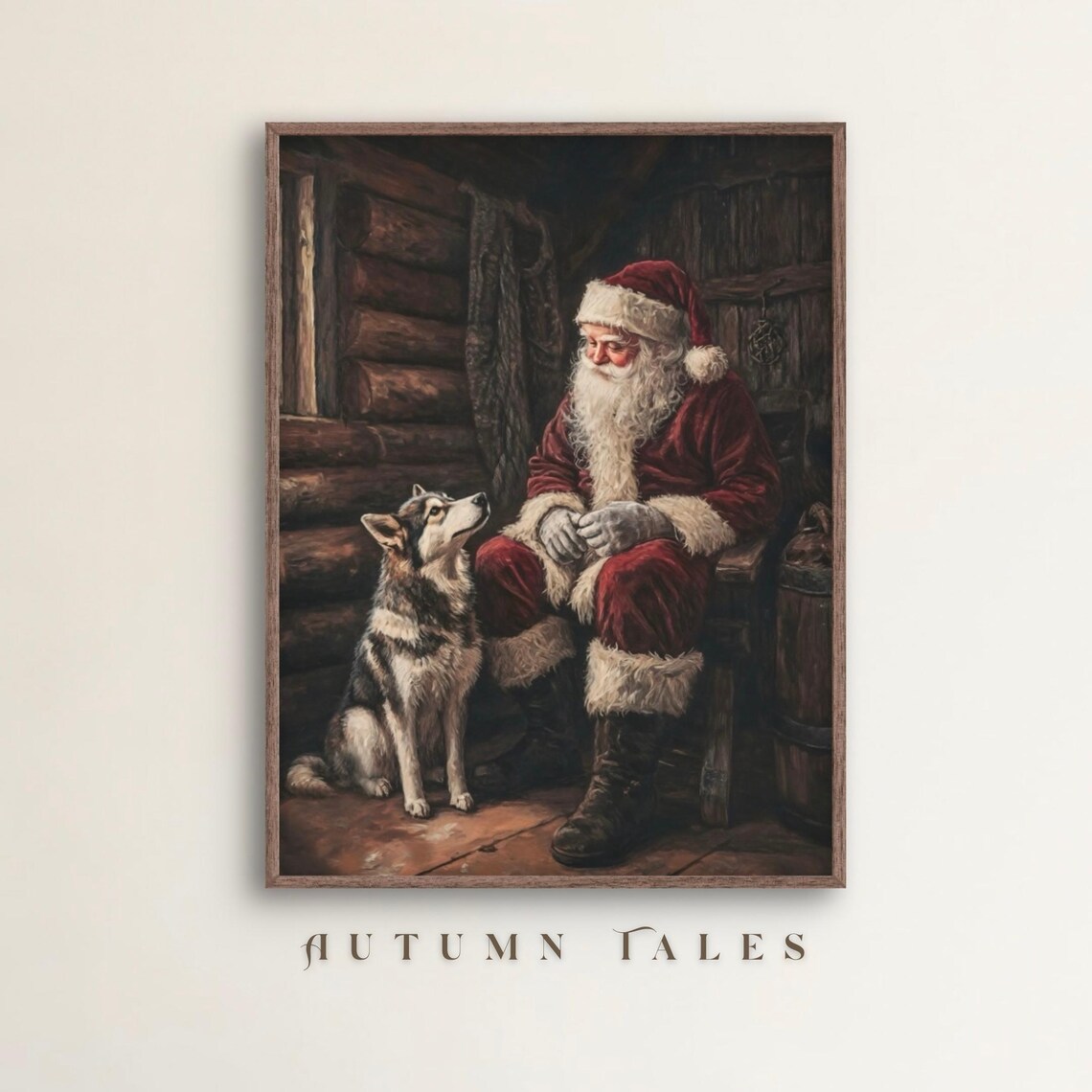 Santa and Husky Dog Cozy Cabin Vintage Christmas Art Print