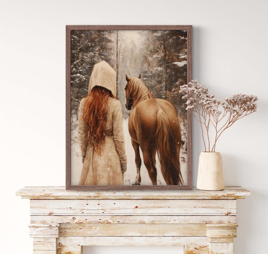 Red Haired Girl With Chestnut Horse In Snowy Forest Winter Art Painting Poster - Image 2