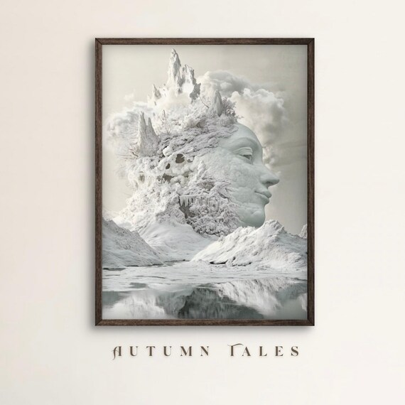 Surrealist Winter Dreamscape Mother Earth Face Emerging From Snowy Mountains Print