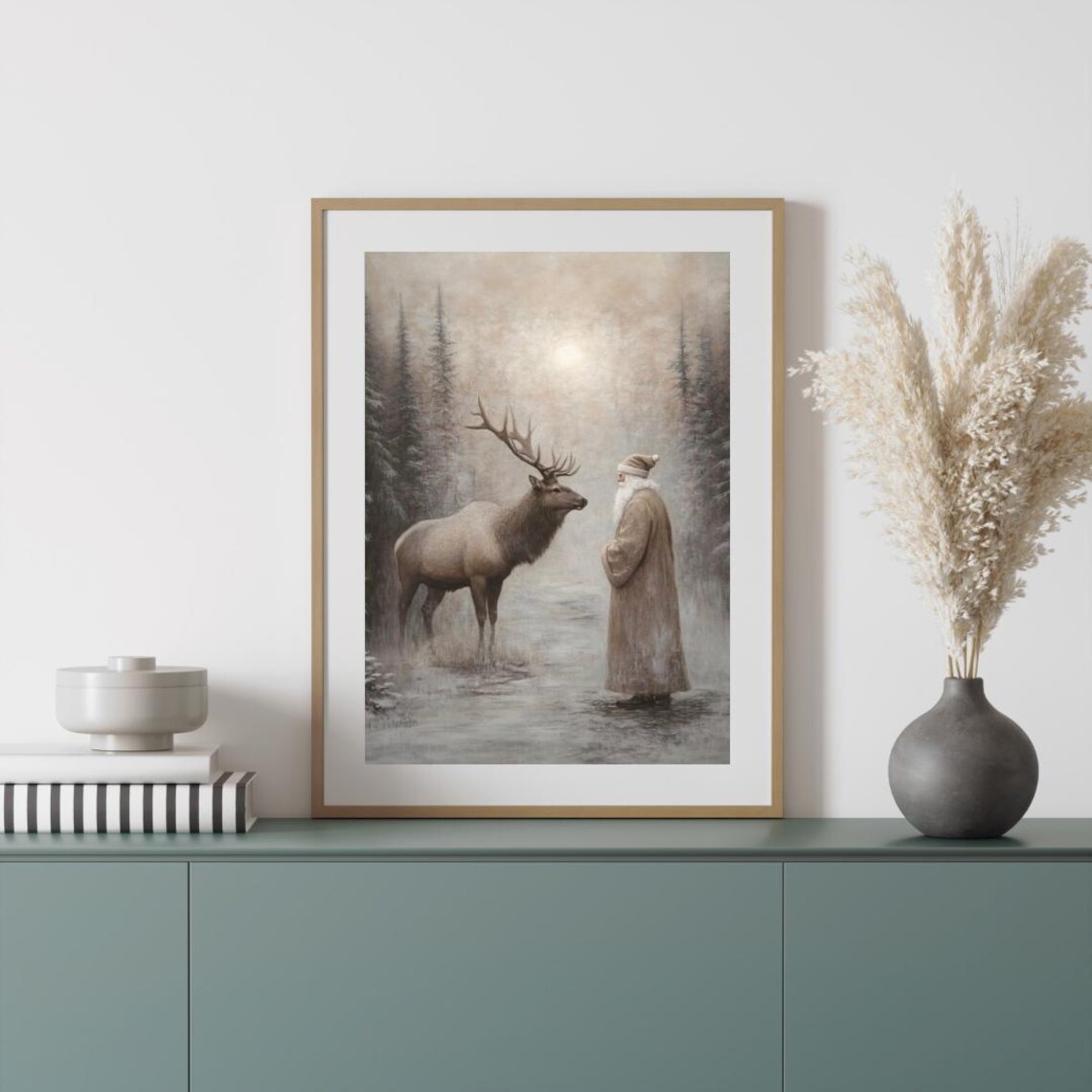 Moody Santa Reindeer Christmas Forest Snowfall Art Print - Image 4