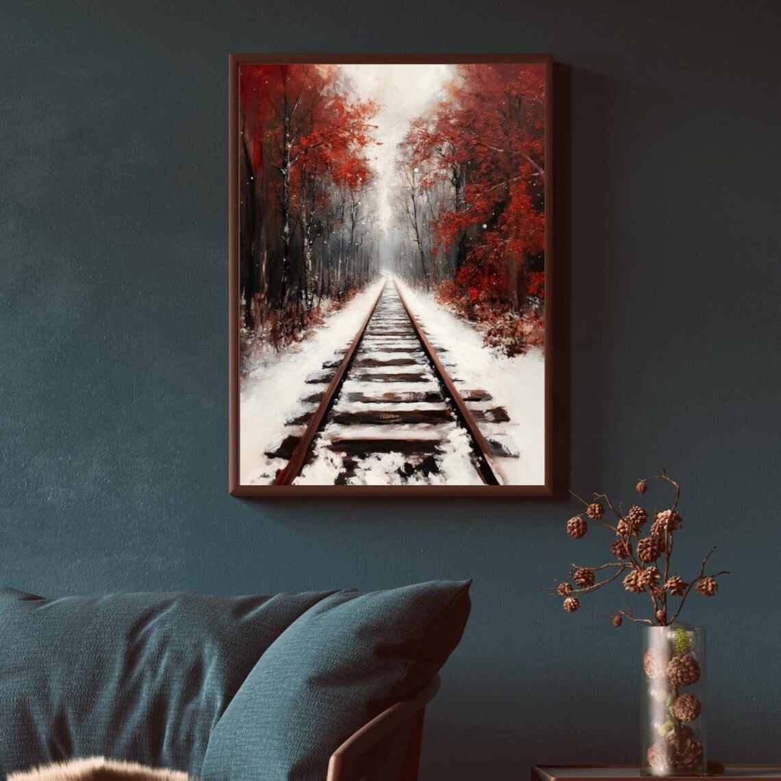 Snowy Railroad Track Through Crimson Winter Forest Moody Landscape Poster - Image 2