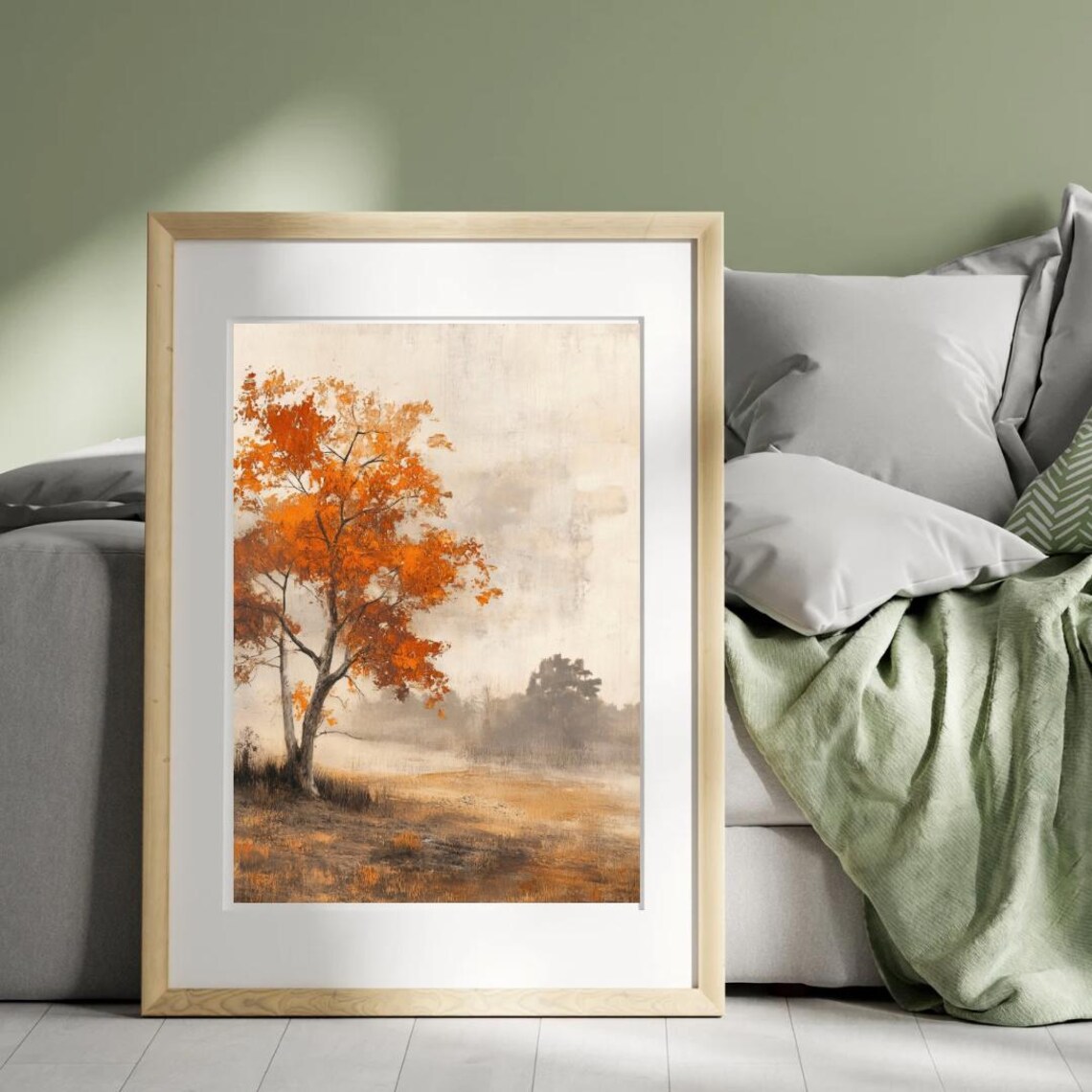 Autumn Tales Lone Orange Tree Misty Countryside Vintage Landscape Art Print - Image 4