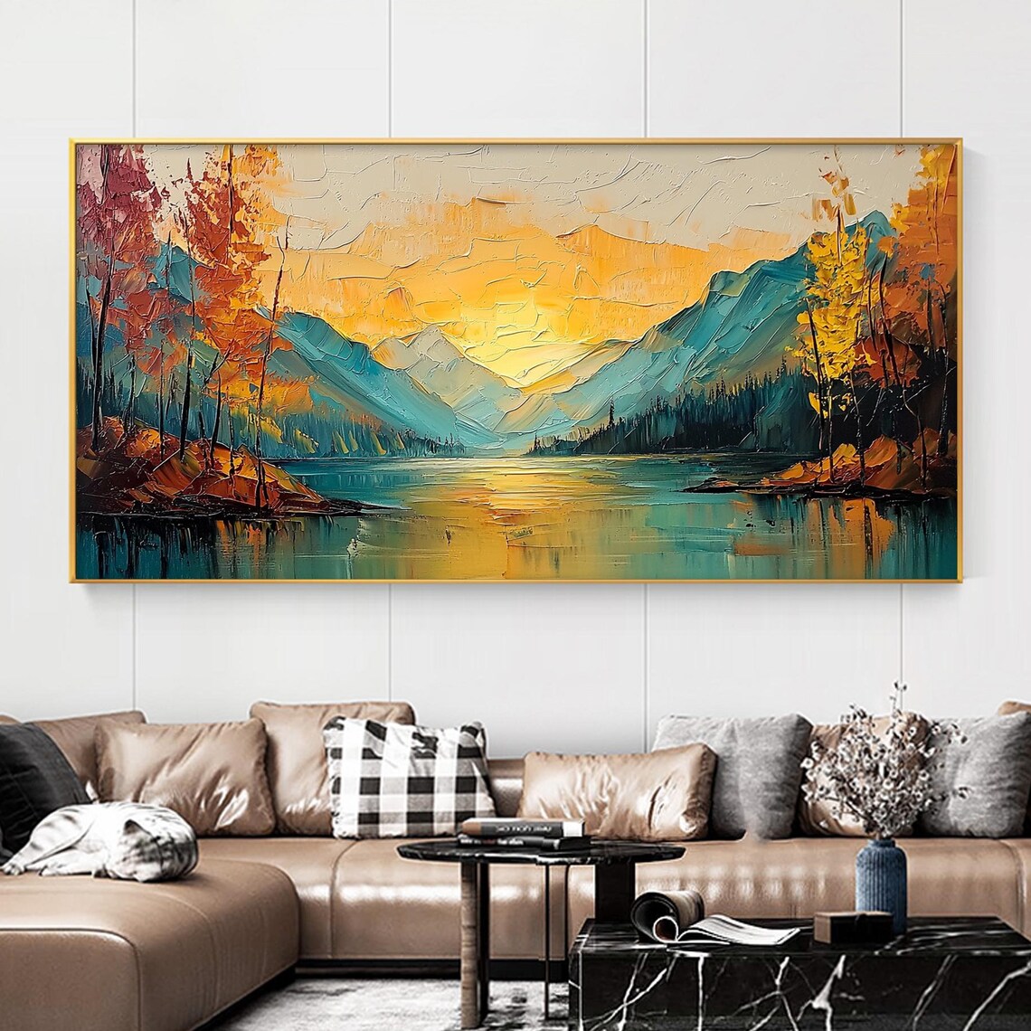 Sunset Mountain River Modern Wall Art Print