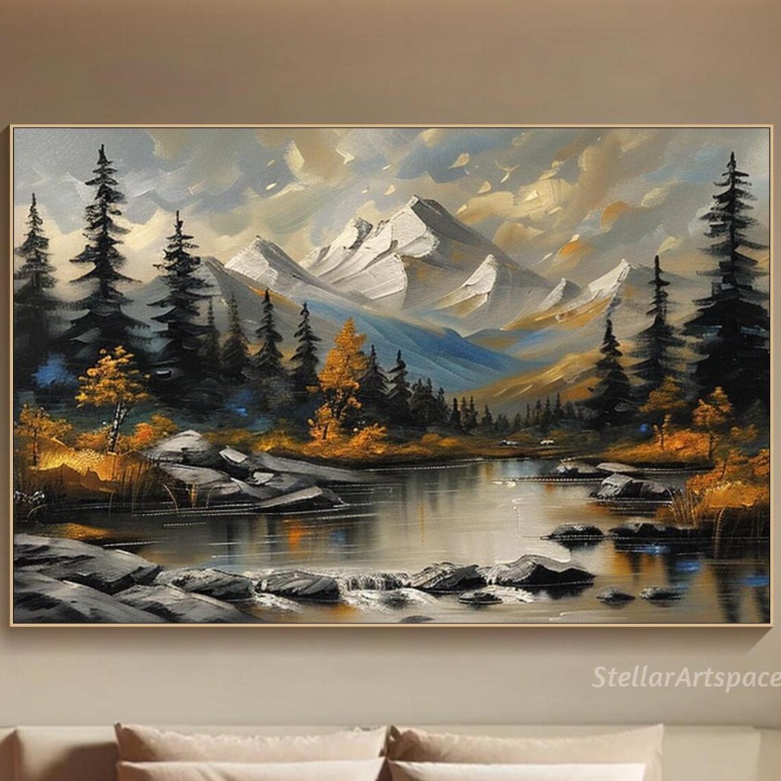 Autumn Mountain Lake Pines Snow Peaks Golden Aspen Landscape Poster