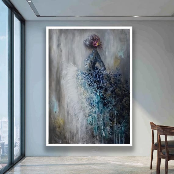 Modern Abstract Lady Canvas Print Woman In Blue Dress Wall Art Large Contemporary Painting For Home And Office Decor