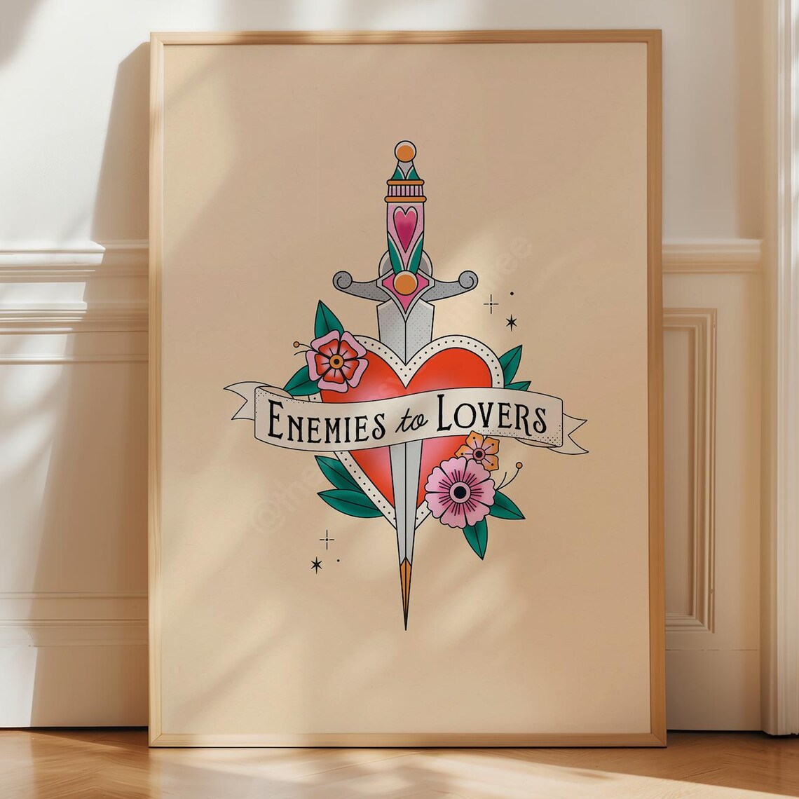 Enemies to Lovers Tattoo Style Sword Heart Bookish Romance Poster