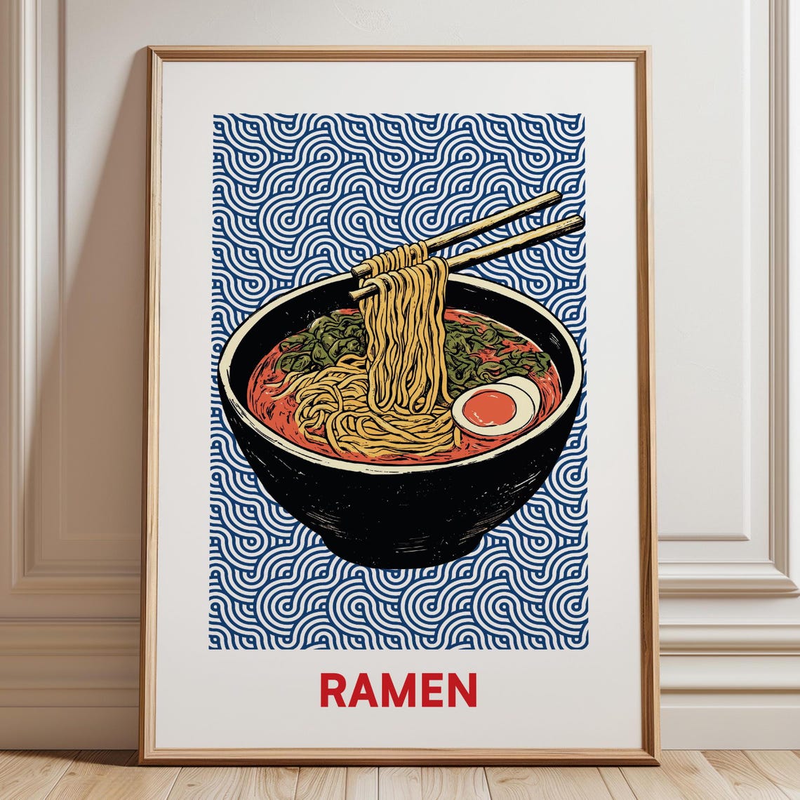 Ramen Bowl With Chopsticks Blue Seigaiha Wave Pattern Kitchen Poster