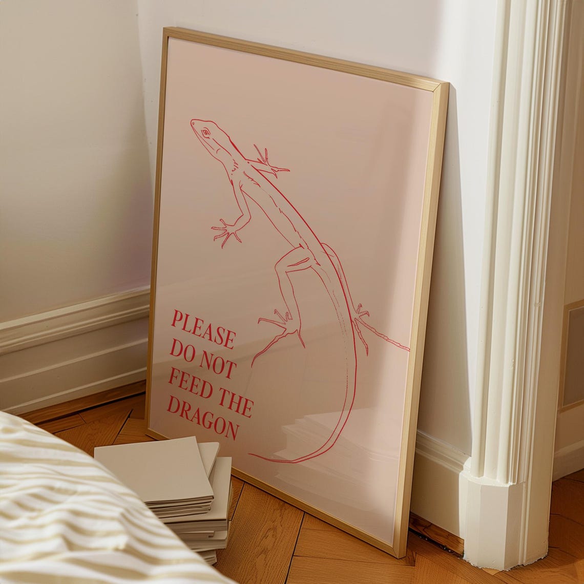 Please Do Not Feed The Dragon Funny Lizard Line Drawing Art Poster - Image 3