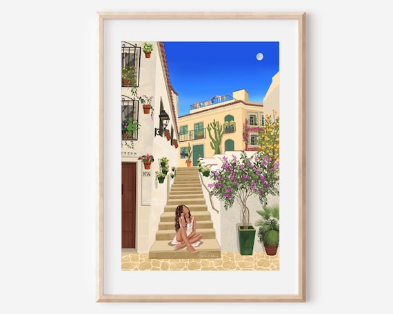 Spanish Town Travel Poster, Boho Adventure Girl