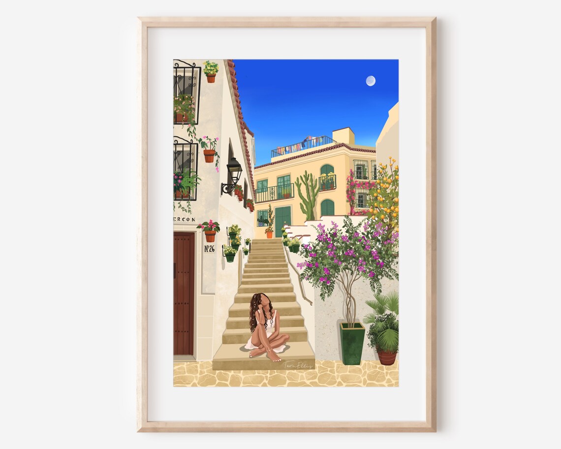 Spanish Town Travel Poster, Boho Adventure Girl