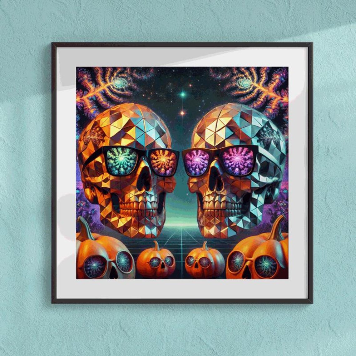 Low-Poly Skulls Wearing Kaleidoscope Sunglasses Halloween Poster