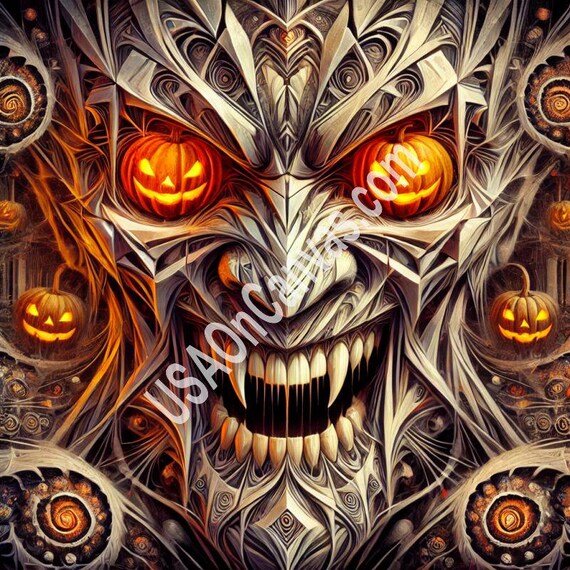 Angular Silver Demon Face with Jack-O-Lantern Eyes Horror Poster