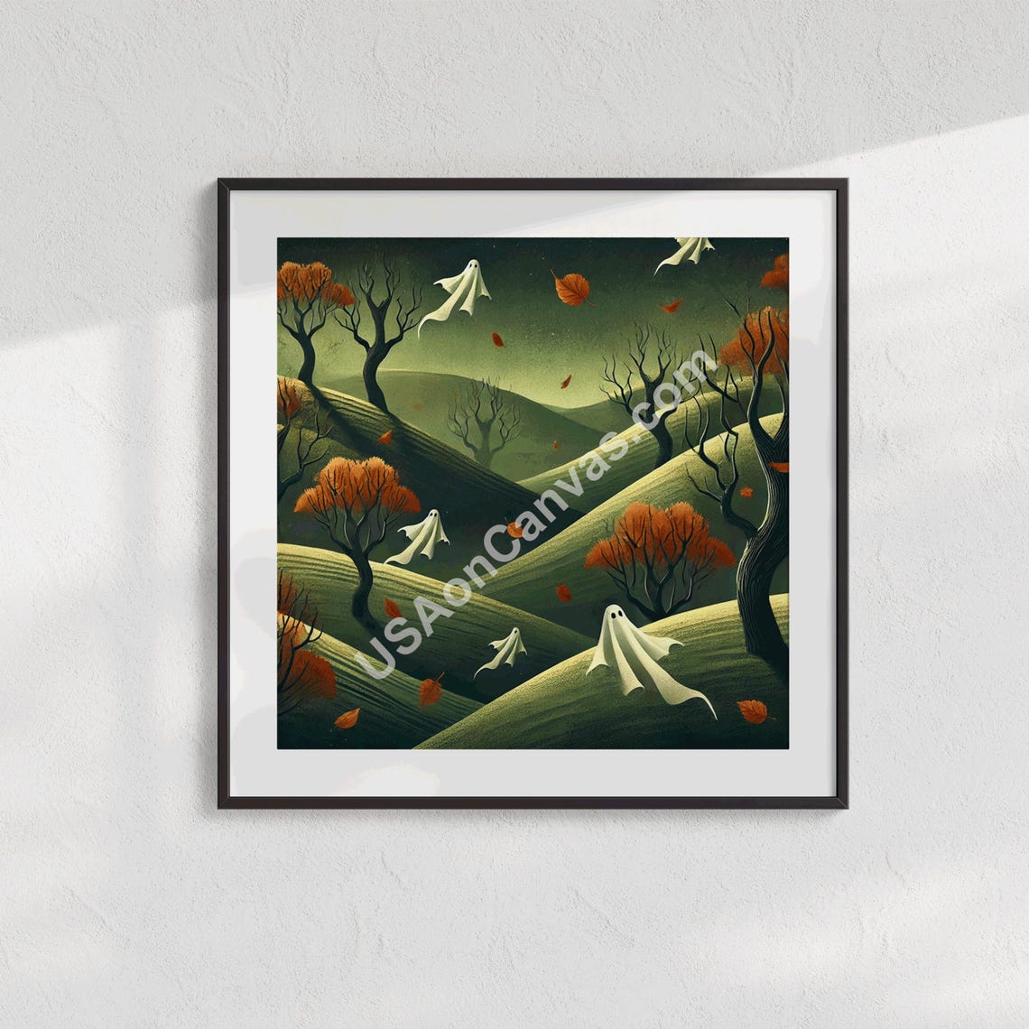 Spooky Ghosts Floating Over Moonlit Autumn Hills Night Poster