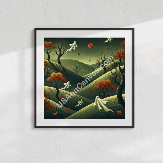 Spooky Ghosts Floating Over Moonlit Autumn Hills Night Poster