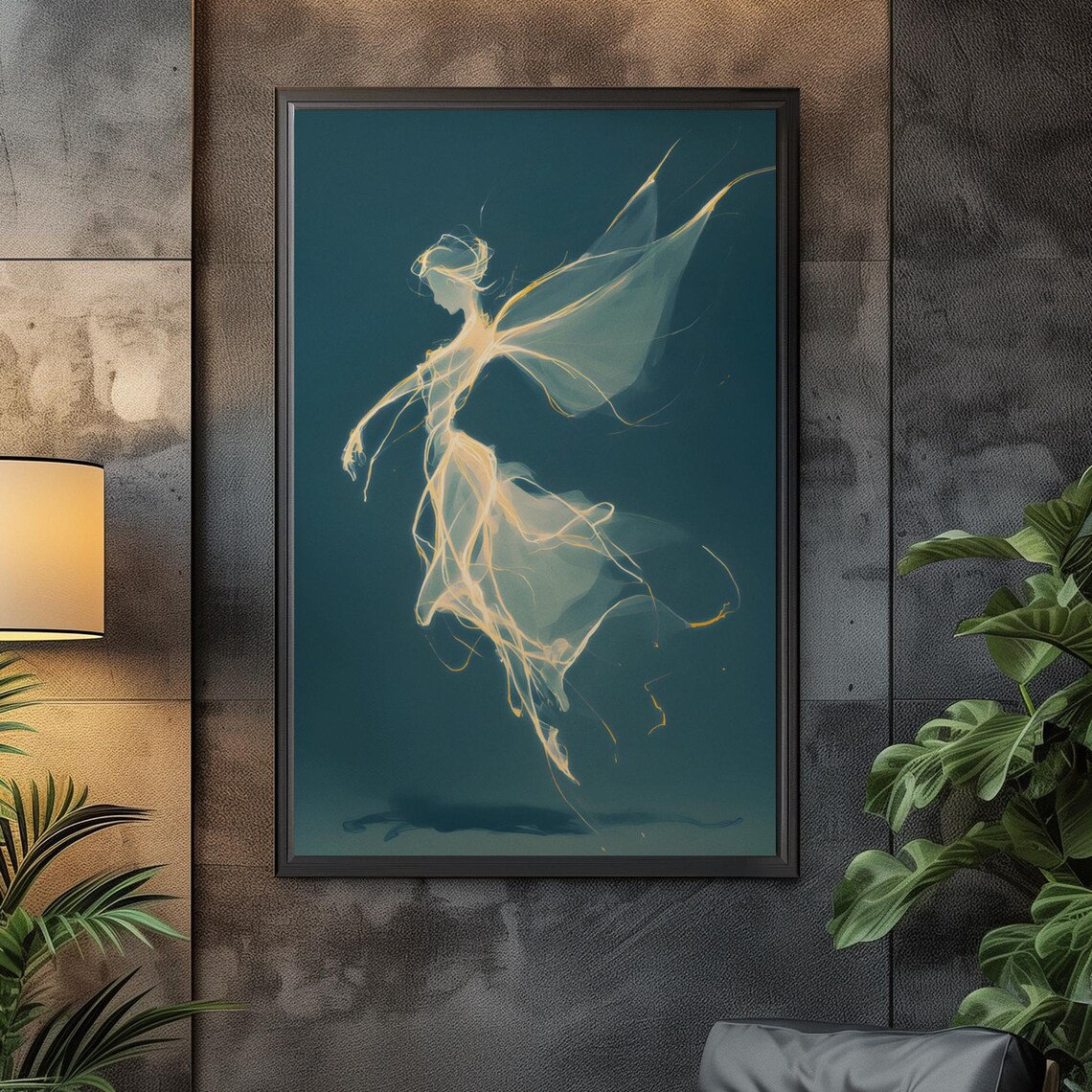 Glowing Ethereal Angel Line Art Dark Teal Spiritual Wall Poster