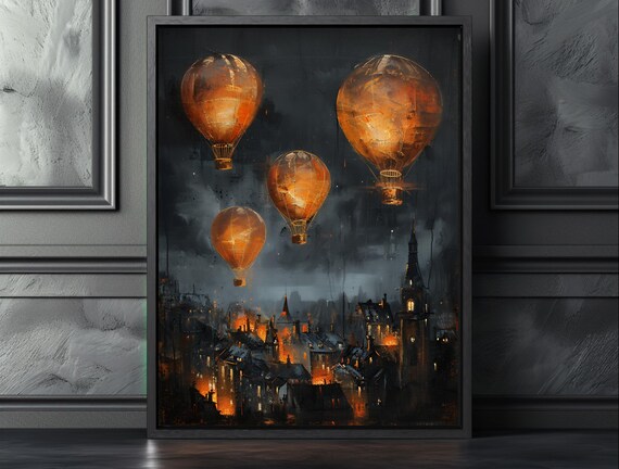 Glowing Hot Air Balloons Over Dark City Night Steampunk Poster
