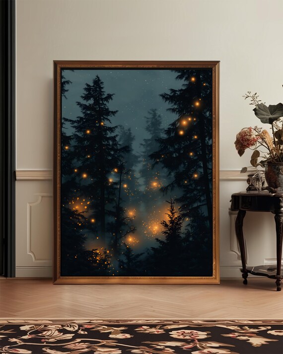 Enchanted Forest Firefly Art Print, Botanical Nature