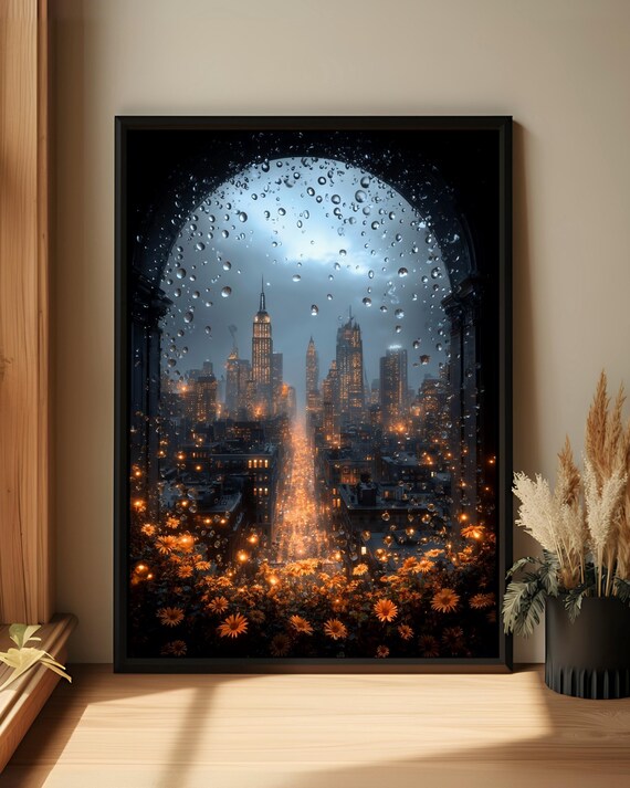 New York City Rainy Night Lights Raindrop Window View Art Poster