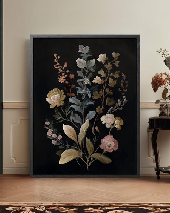 Antique Floral Botanical Wall Art Elegant Dark Vintage Style Canvas Print
