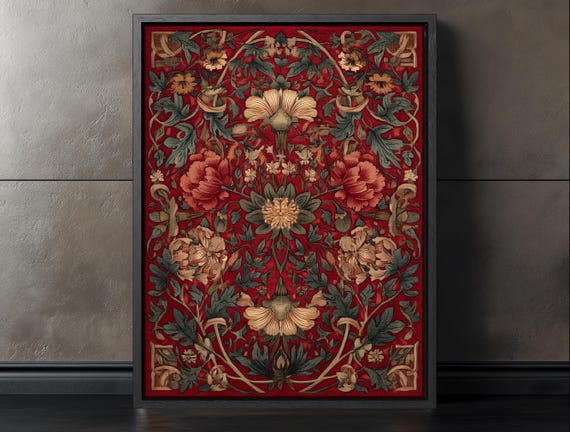 William Morris Style Red Floral Botanical Art Poster Craft Decor
