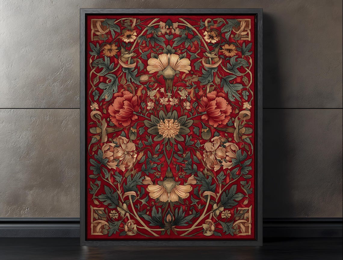 William Morris Style Red Floral Botanical Art Poster Craft Decor