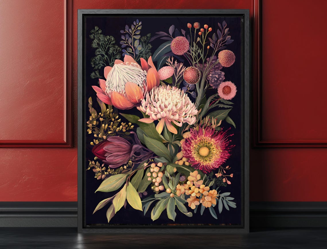 Vibrant Protea and Waratah Bouquet Dark Botanical Floral Poster