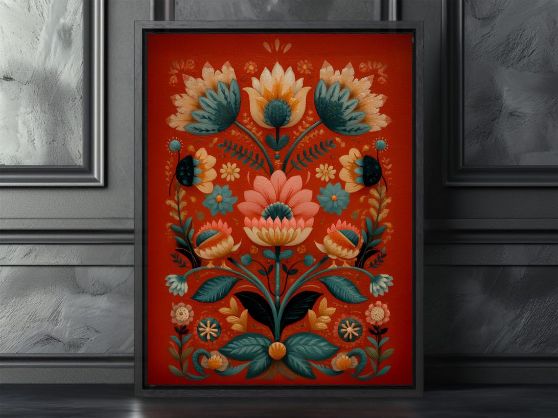 Maximalist Floral Folk Art Red Symmetrical Bold Flower Poster