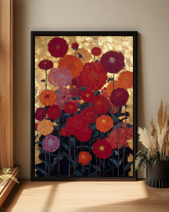 Red Floral Wall Art Vintage Botanical Print Elegant Statement Decor