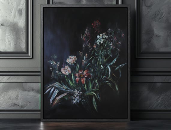 Moody Floral Wall Art Dark Botanical Canvas Print Vintage Flower Painting