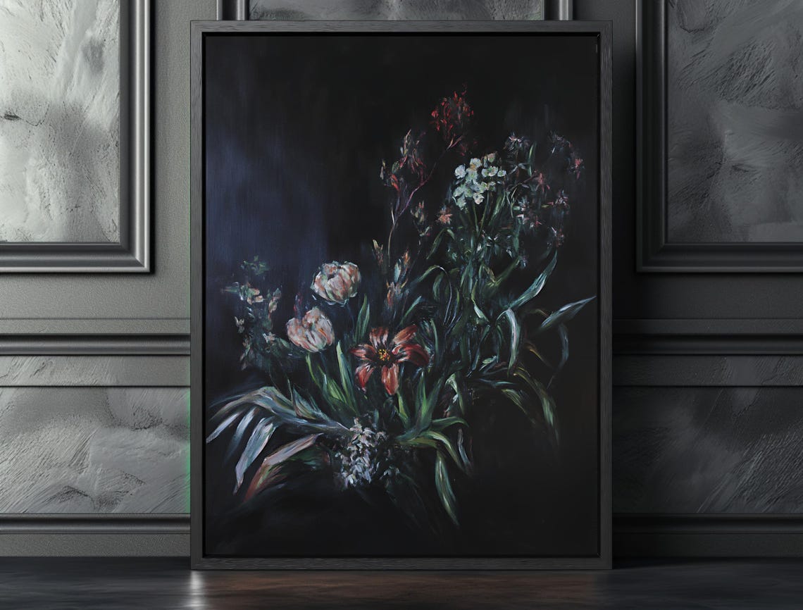 Moody Floral Wall Art Dark Botanical Canvas Print Vintage Flower Painting