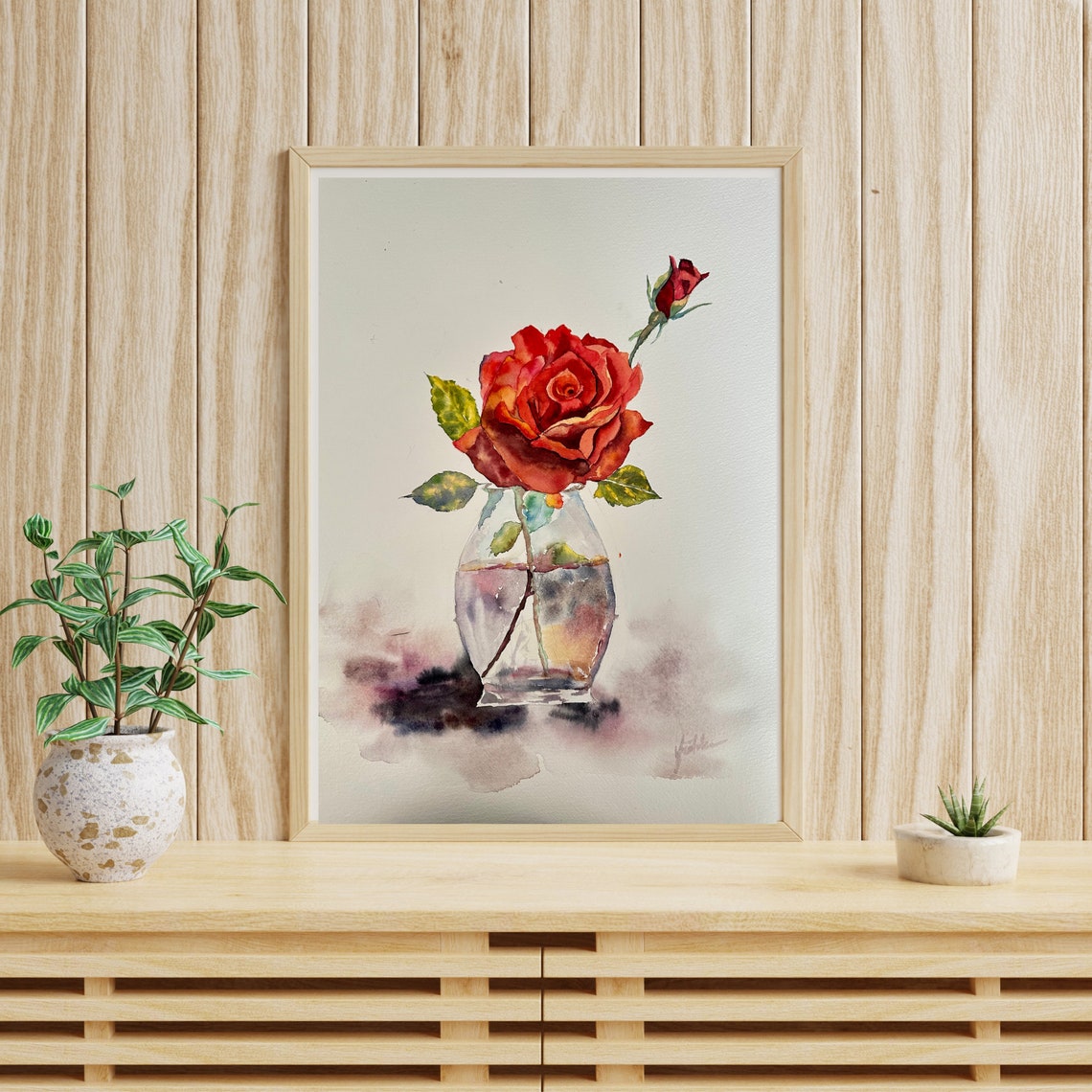 Single Red Rose with Bud in a Clear Glass Vase Watercolor Poster - Image 4
