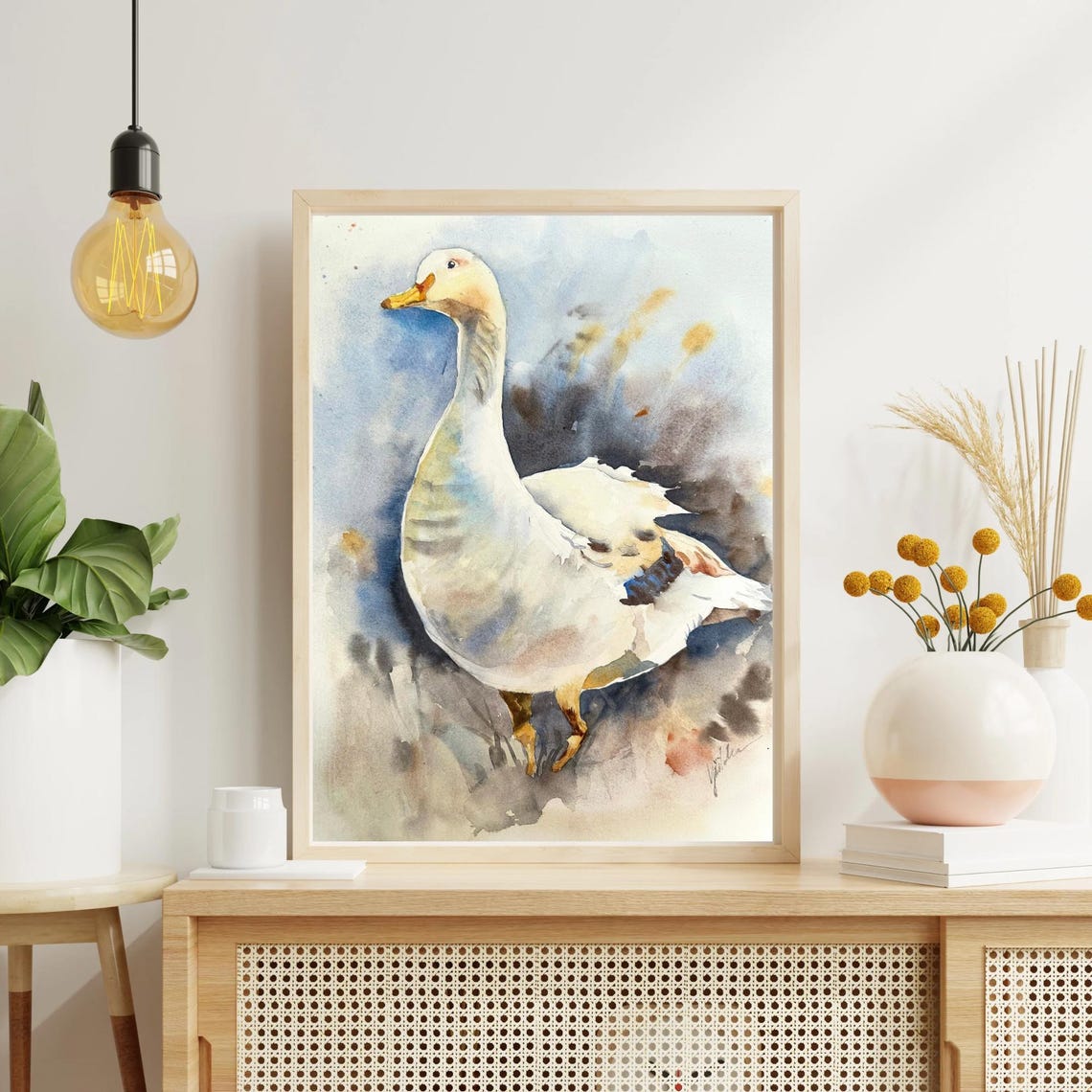 Graceful White Goose in a Soft Blue Wash Watercolor Bird Poster - Image 6