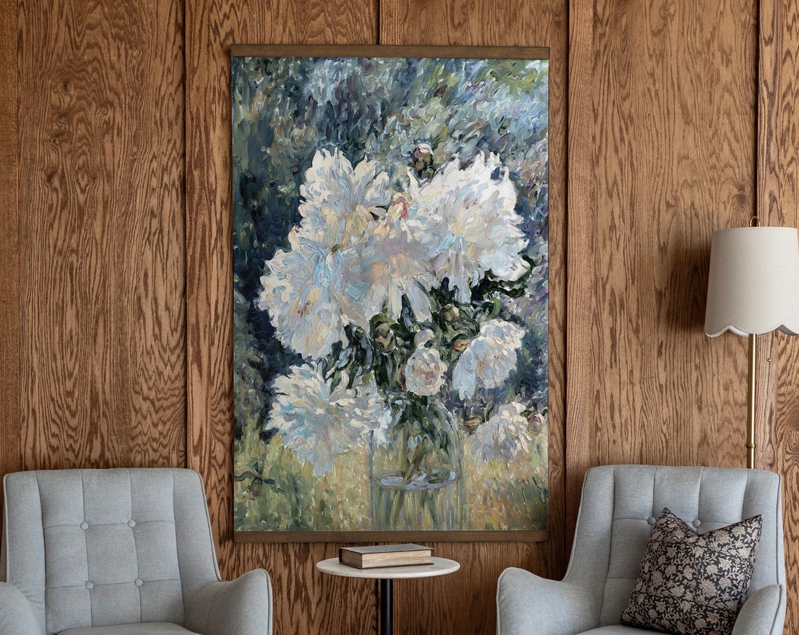 White Peonies Bouquet Floral Oil Painting Vintage Flower Poster - Image 2