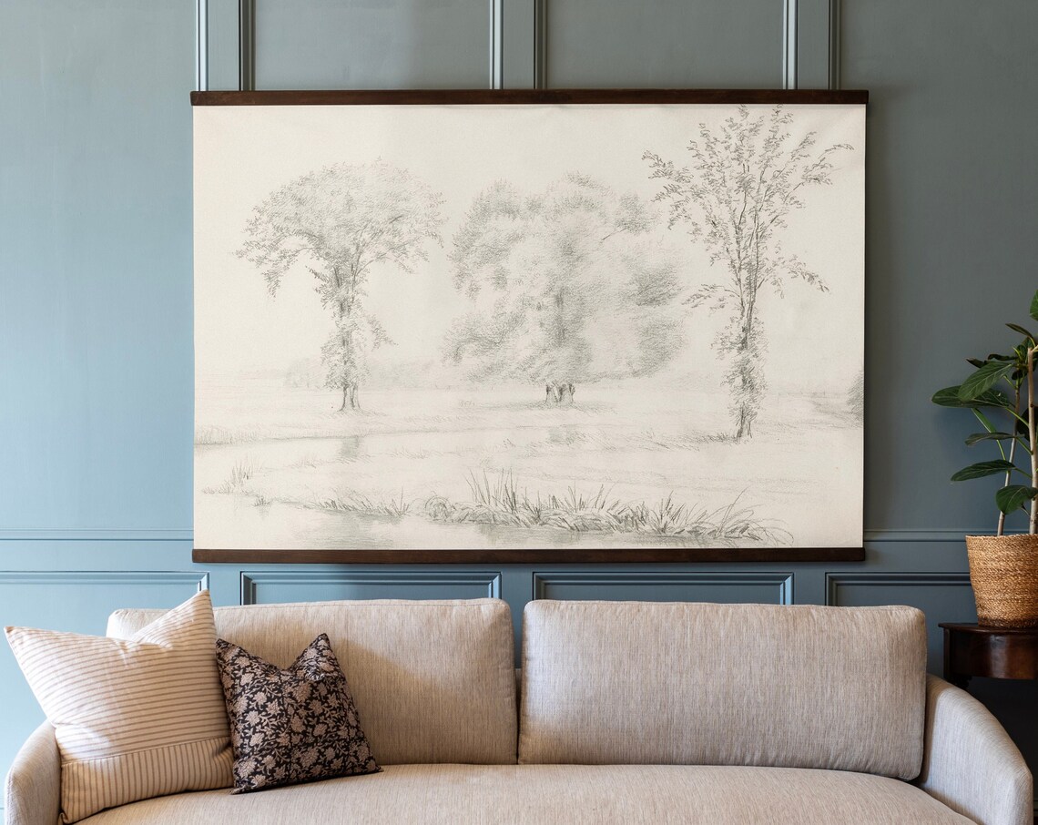 Gray Tree Sketch Lakeside Vintage Pencil Drawing Nature Poster - Image 2