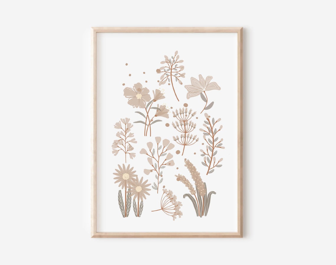 Neutral Boho Wildflower Botanical Illustration Minimalist Poster