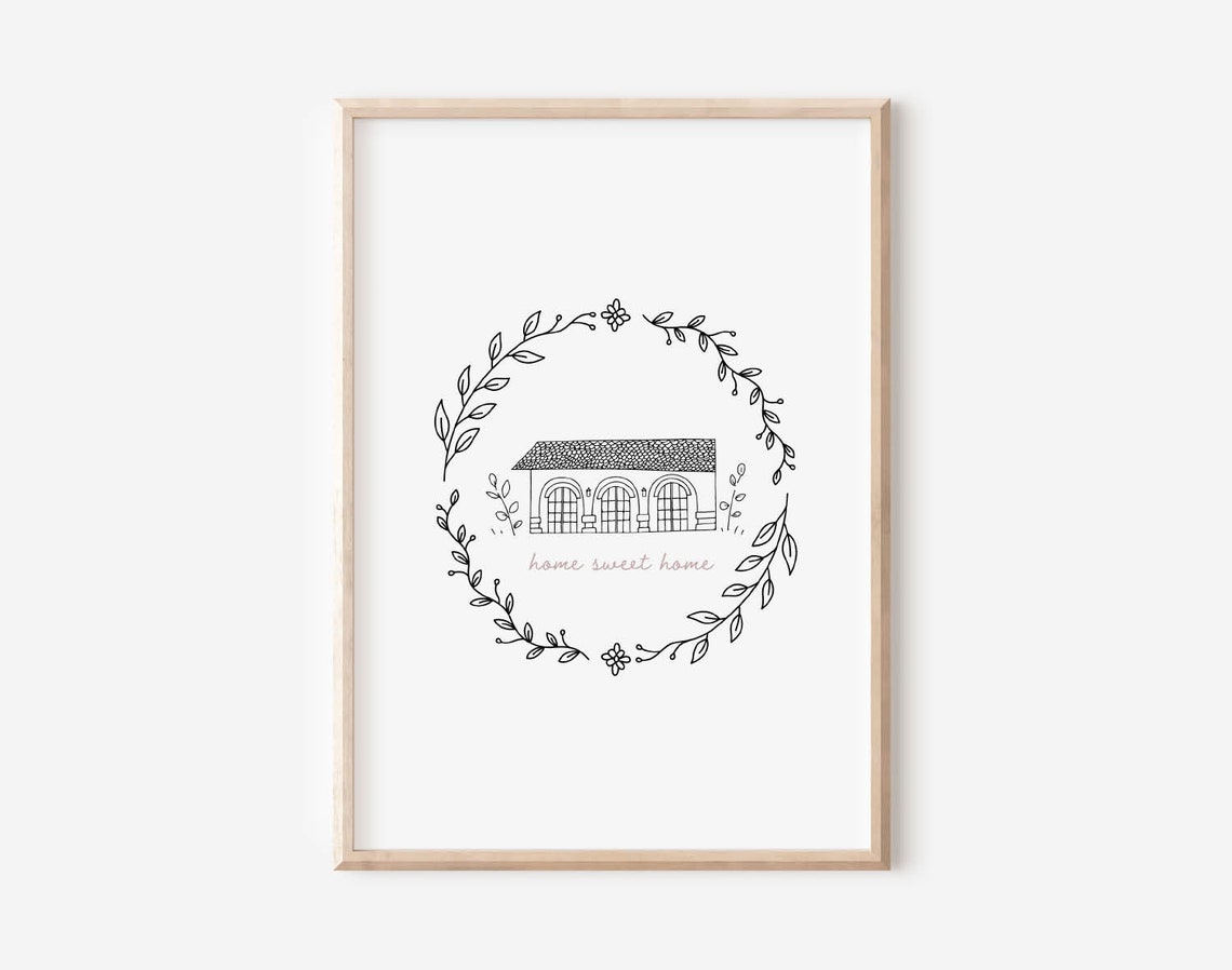 Home Sweet Home Script With House Line Art Wreath Art Poster