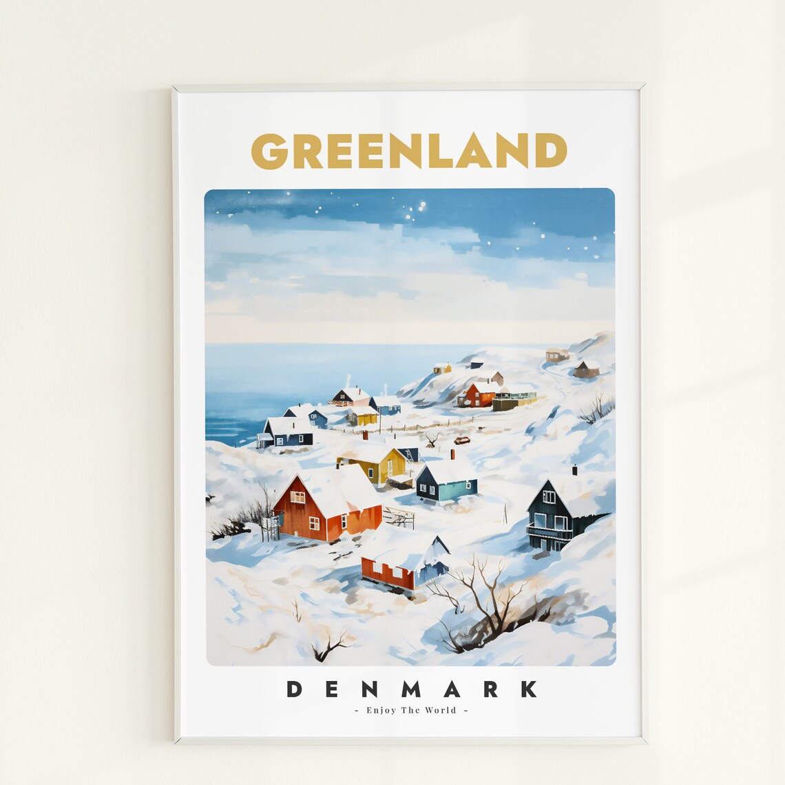Greenland Denmark Snowy Village Colorful Houses Arctic Travel Poster