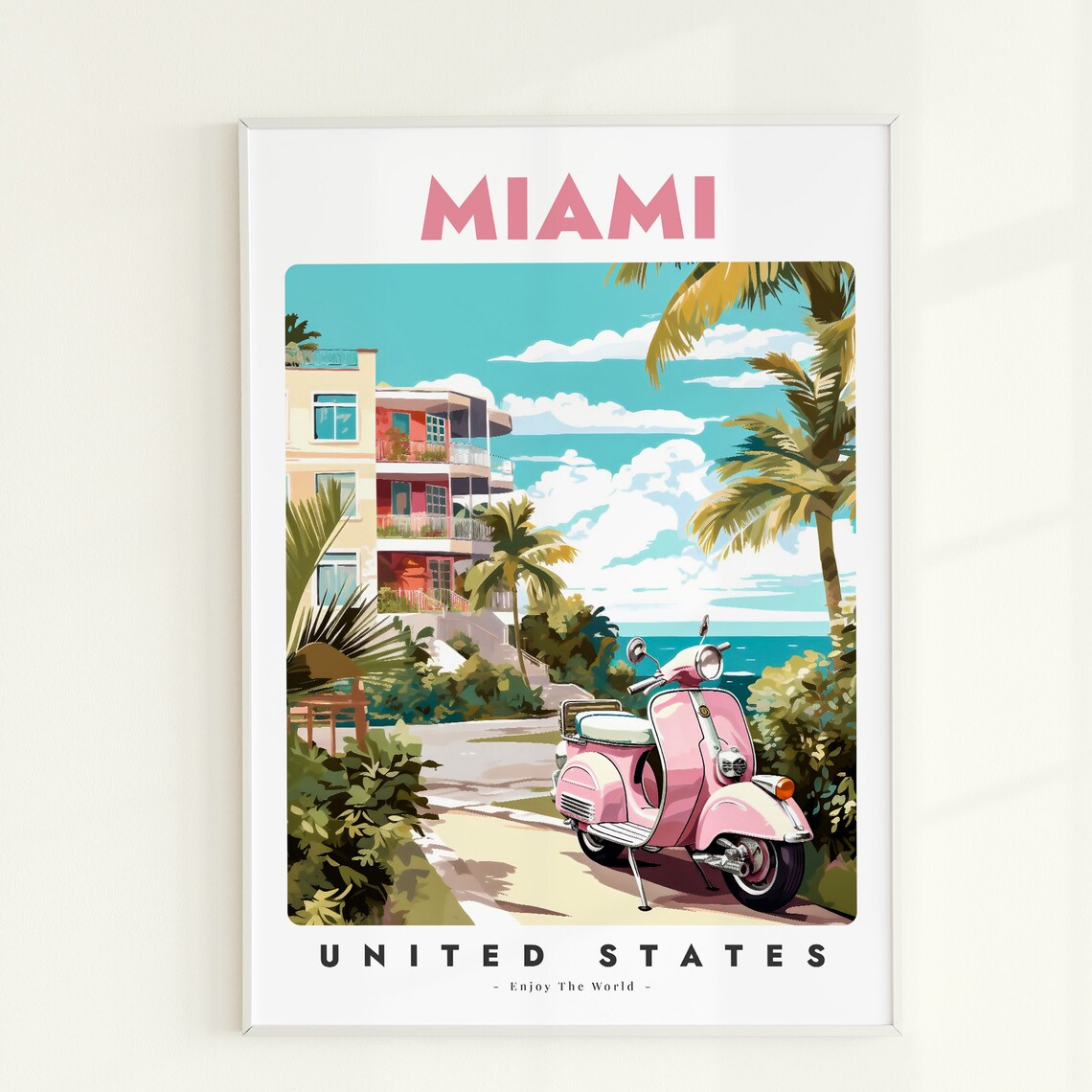 Miami United States Pink Scooter Palms Beach Vintage Travel Poster