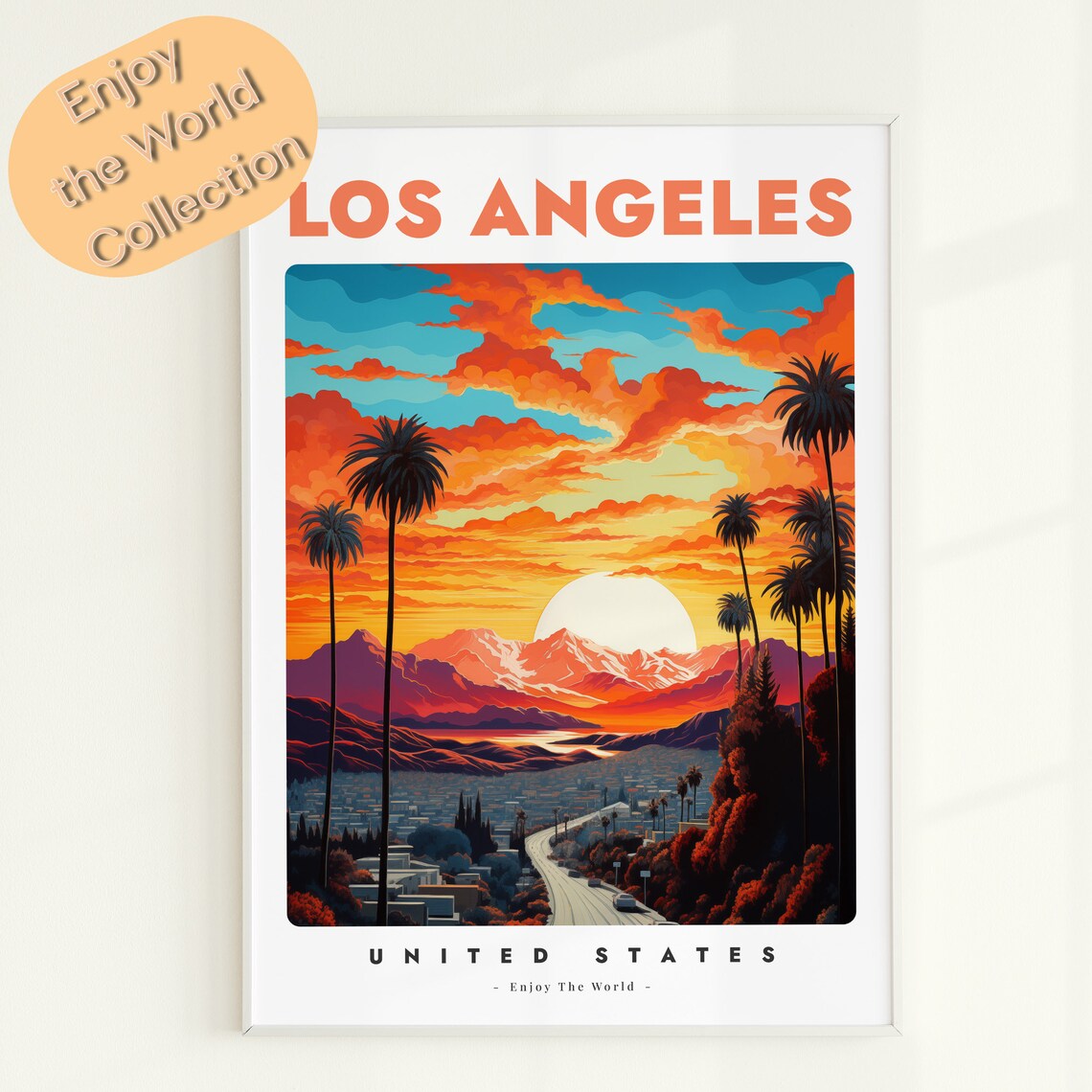 Los Angeles United States Fiery Sunset Palms Mountains Travel Poster