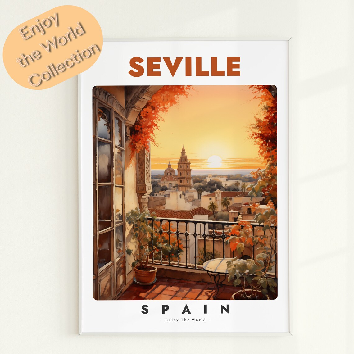Seville Spain Sunset Balcony Cathedral View Vintage Travel Poster