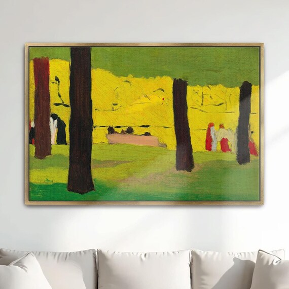 Framed Wall Art Of Park Scene With Figures And Trees Landscape Wall Art Green And Yellow Entryway Art Brown And Red Boho Print